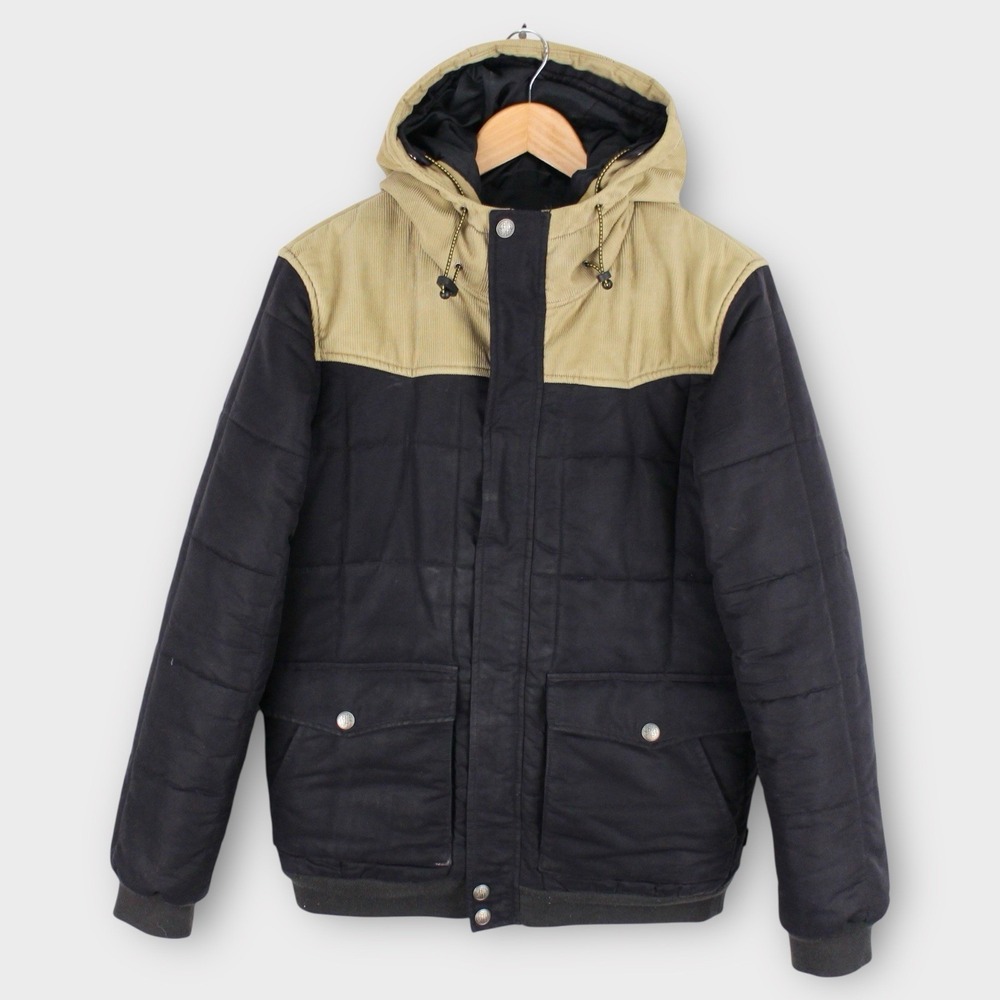 Levi's Men's Hooded Puffer Jacket Tan Black Colorblock Medium Winter Coat